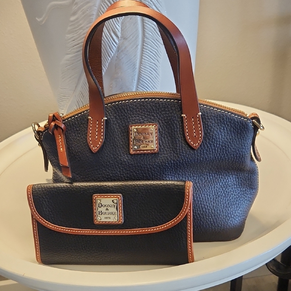Dooney & Bourke Navy and Brown Leather Handbag and Wallet Set